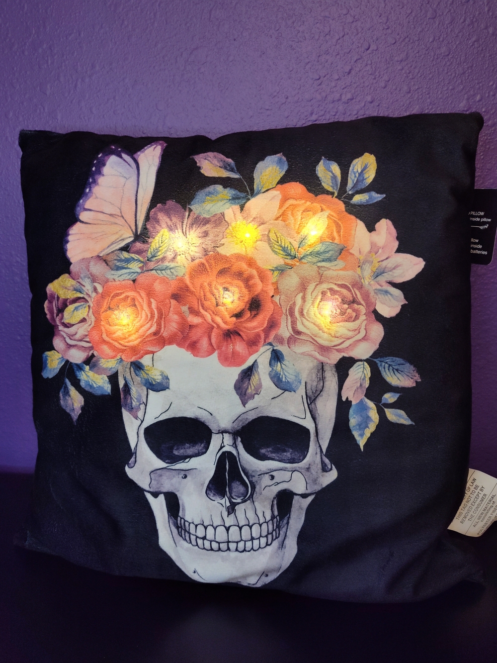 Floral Skull Decorative Pillow with LED Lights - Black